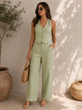 Sleeveless Sage Green two pieces set with Buttoned Vest